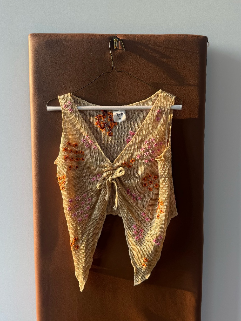 TACH Embroidered Beige Knit Vest with Pink and Orange Floral Accents